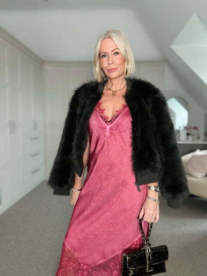 Burgundy Satin Lace V-Neck Maxi Slip Dress