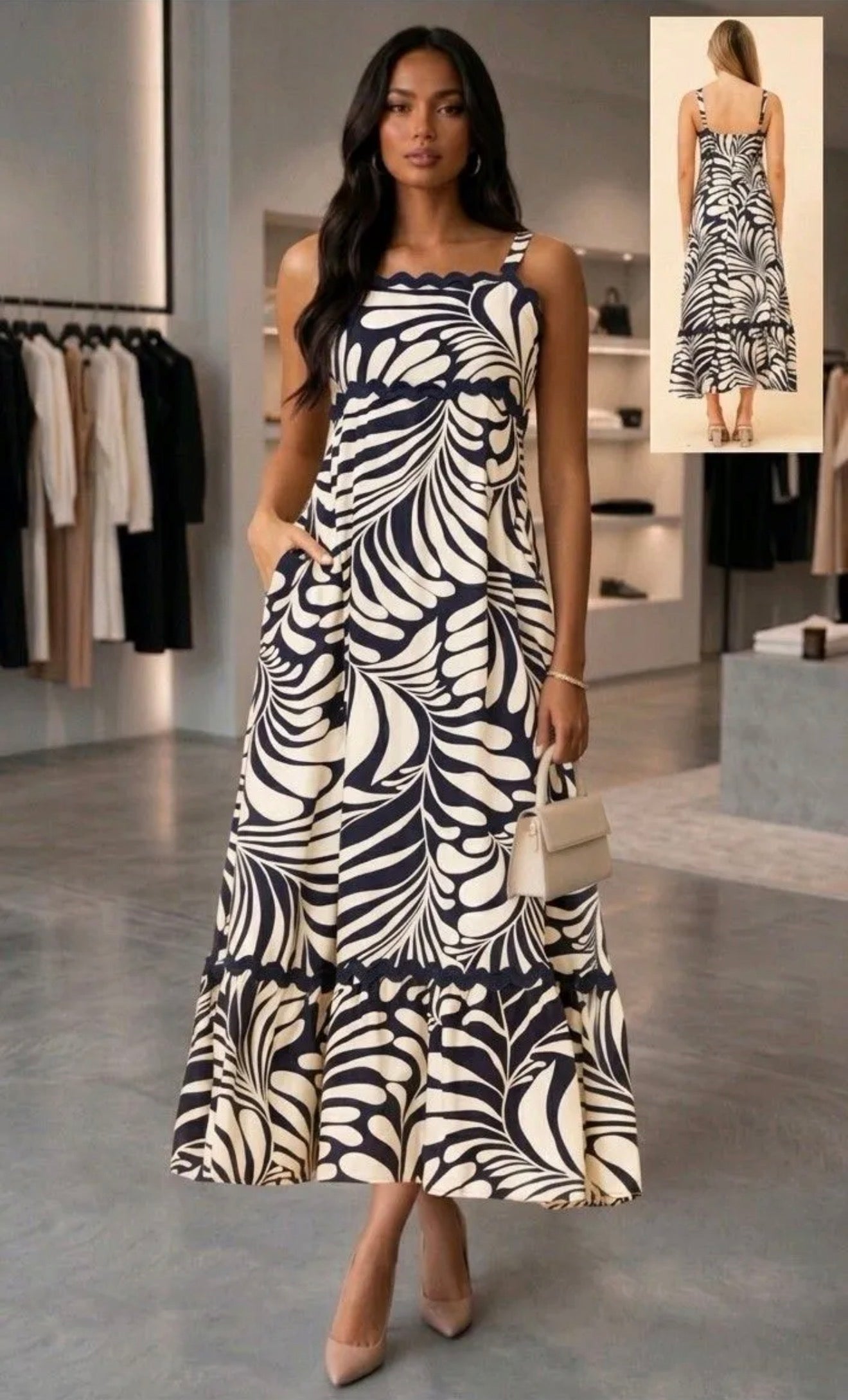 Navy Printed Scallop Detail Dress