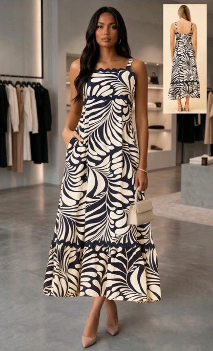 Navy Printed Scallop Detail Dress