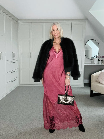 Burgundy Satin Lace V-Neck Maxi Slip Dress