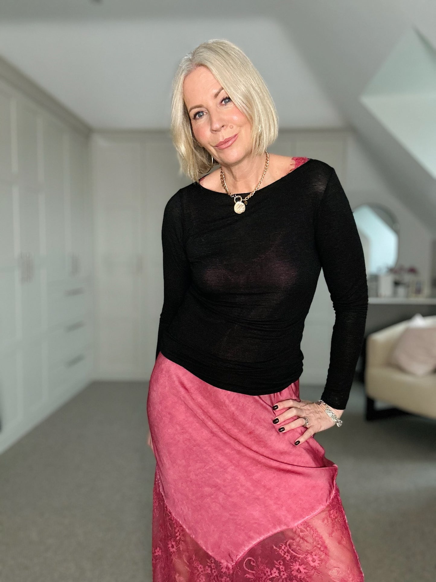 Burgundy Satin Lace V-Neck Maxi Slip Dress