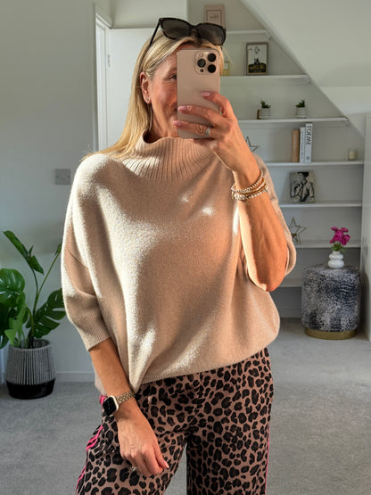 Beige Turtleneck 3/4 Sleeve Jumper