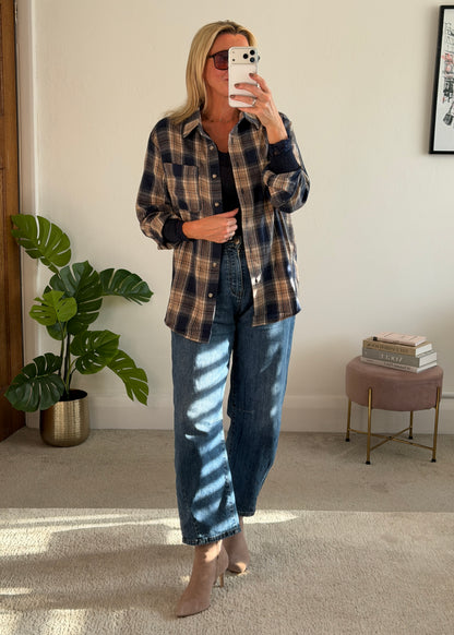 Navy Check Brushed Cotton Blend Shirt