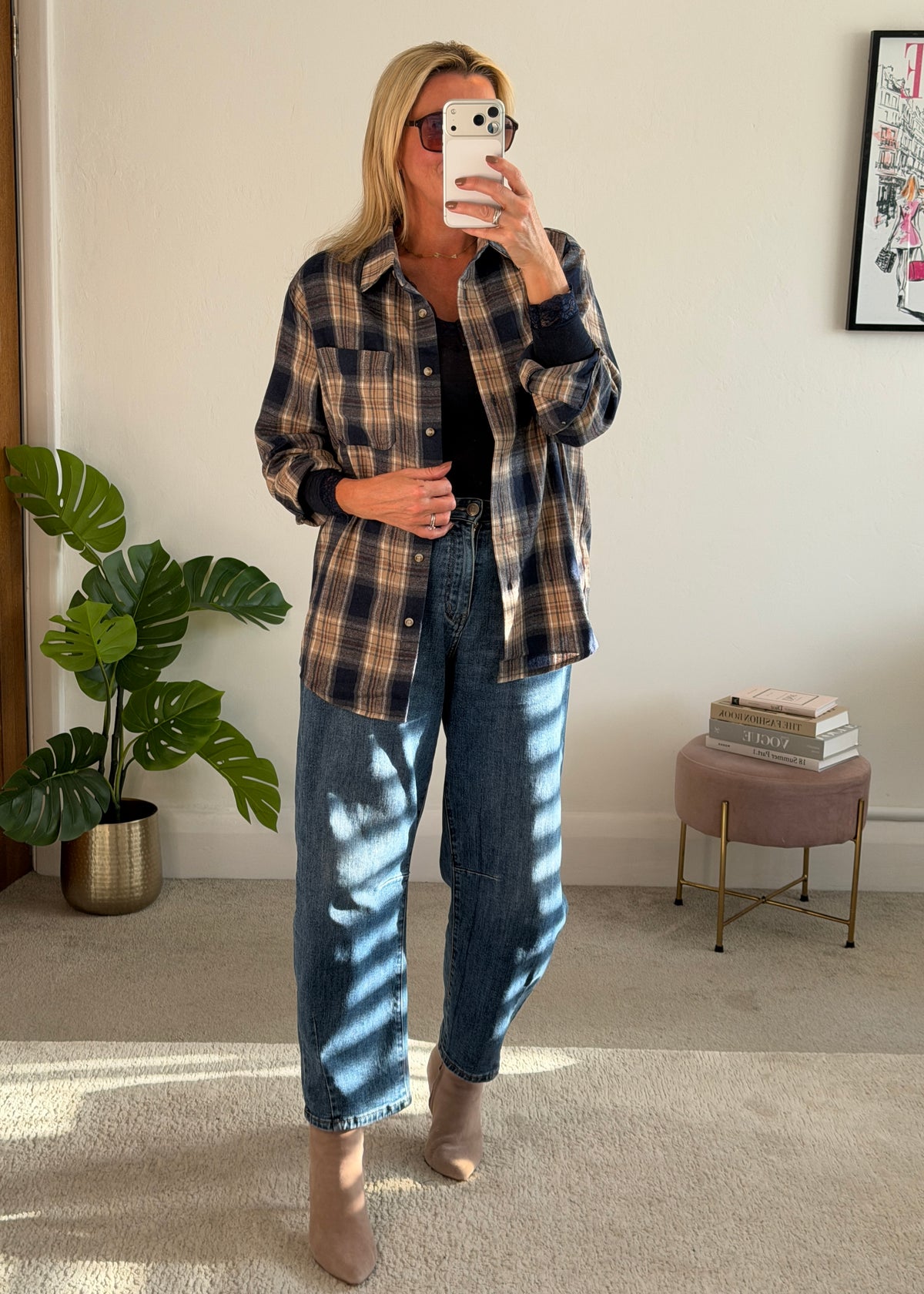 Navy Check Brushed Cotton Blend Shirt