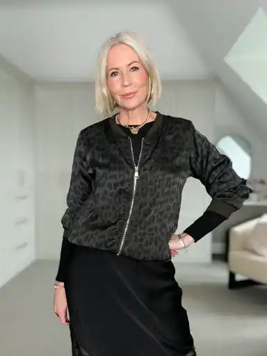 Burgundy Leopard Silk Mix Bomber Jacket