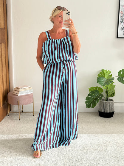 Blue/Plum Striped Wide Leg Co-Ord Set