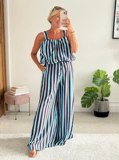 Blue/Plum Striped Wide Leg Co-Ord Set