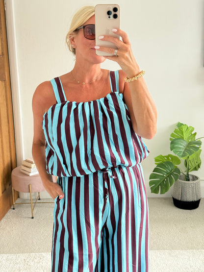 Blue/Plum Striped Wide Leg Co-Ord Set