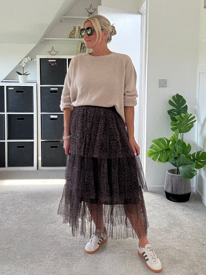 Stella Tiered Leopard Print Tulle Maxi Skirt