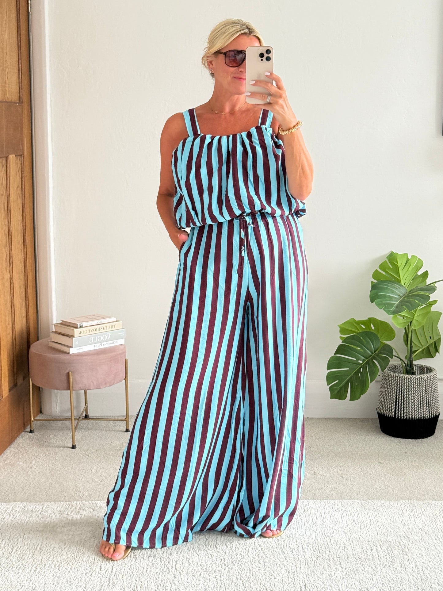 Blue/Plum Striped Wide Leg Co-Ord Set