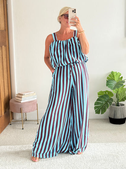 Blue/Plum Striped Wide Leg Co-Ord Set