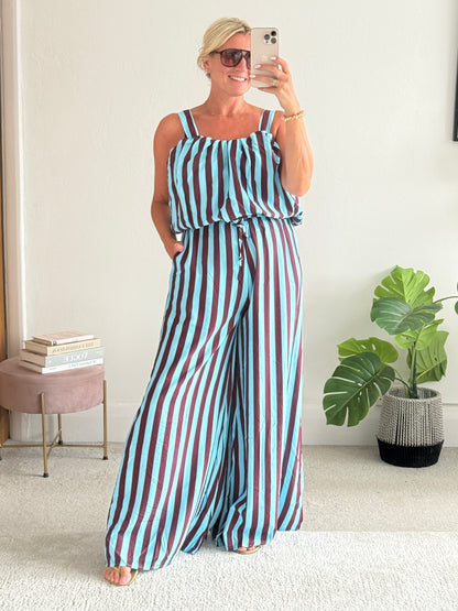 Blue/Plum Striped Wide Leg Co-Ord Set
