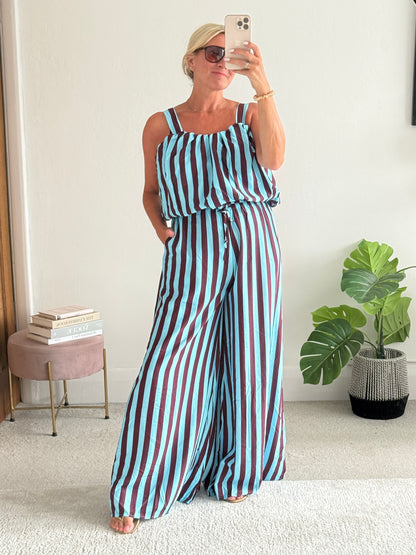 Blue/Plum Striped Wide Leg Co-Ord Set
