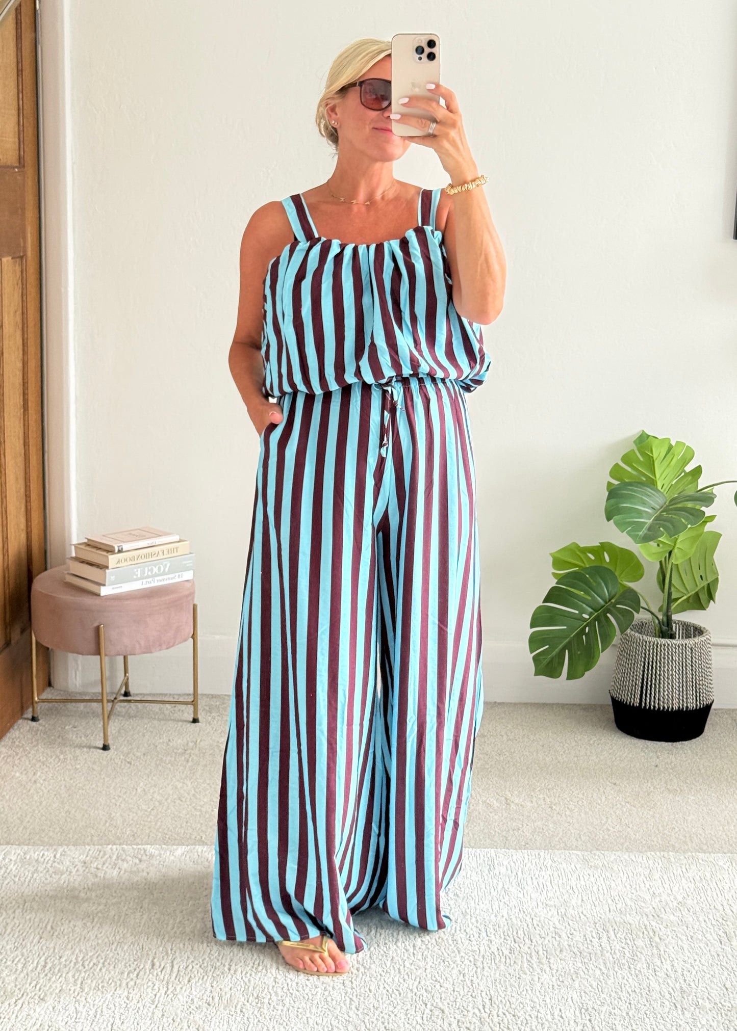 Blue/Plum Striped Wide Leg Co-Ord Set