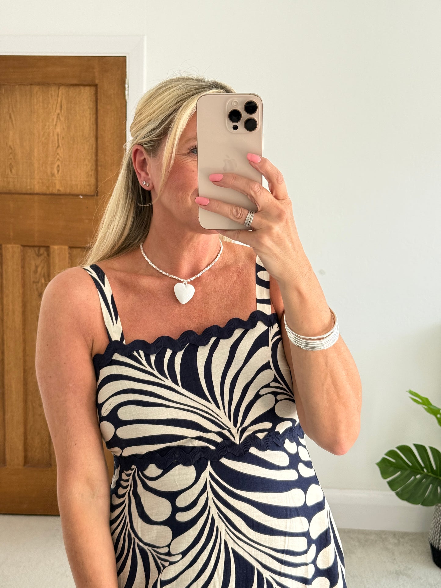 Navy Printed Scallop Detail Dress