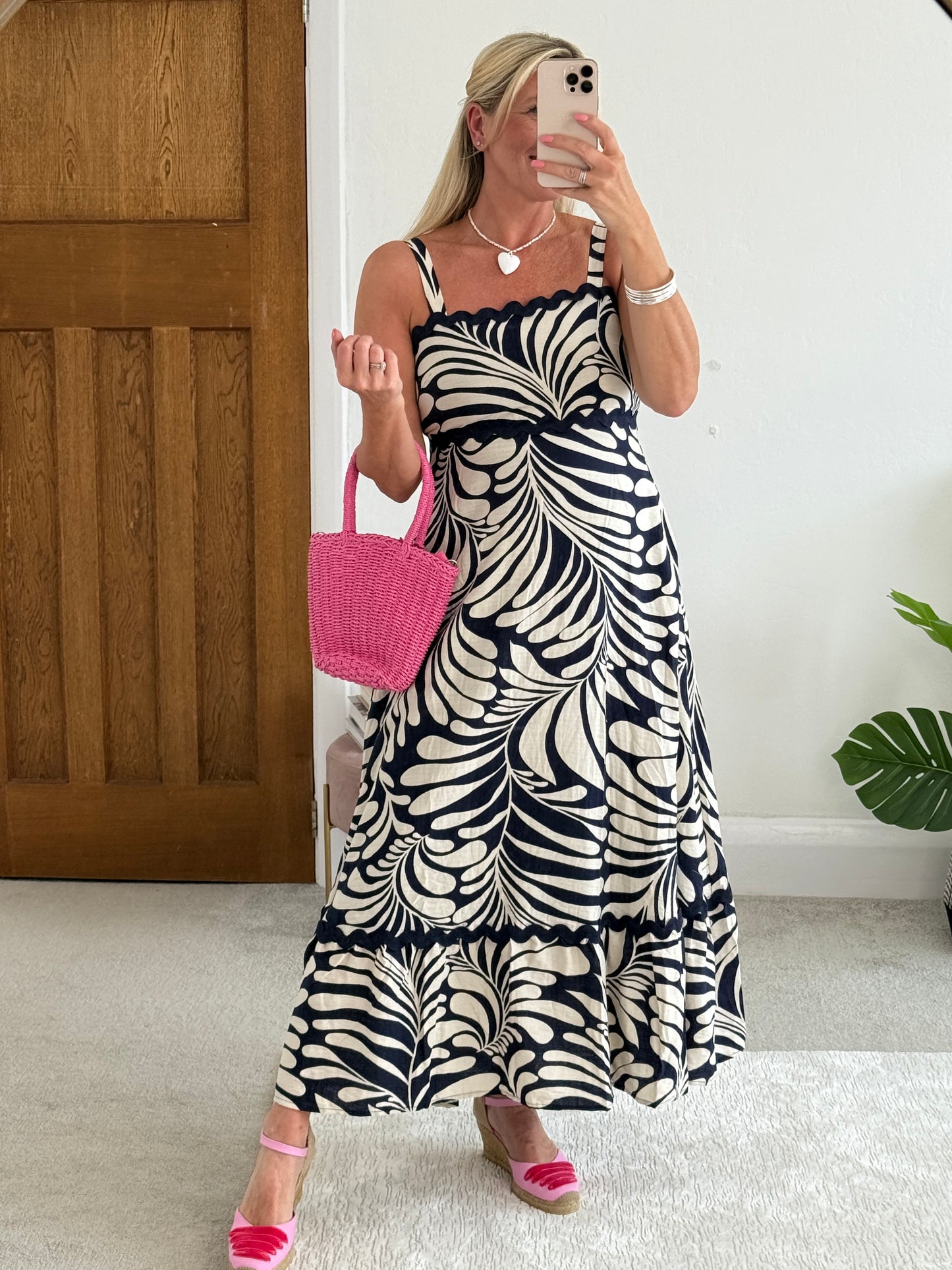 Navy Printed Scallop Detail Dress