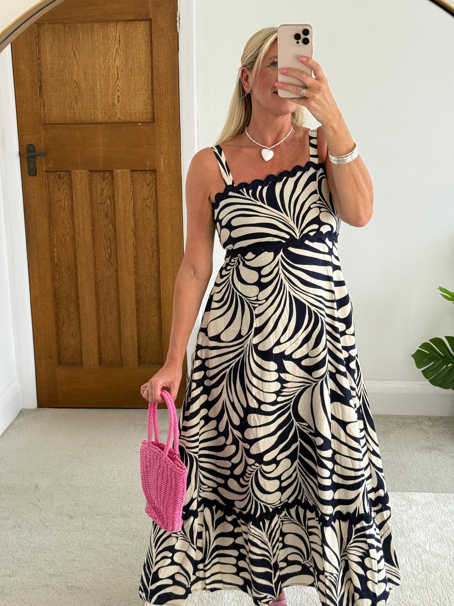 Navy Printed Scallop Detail Dress