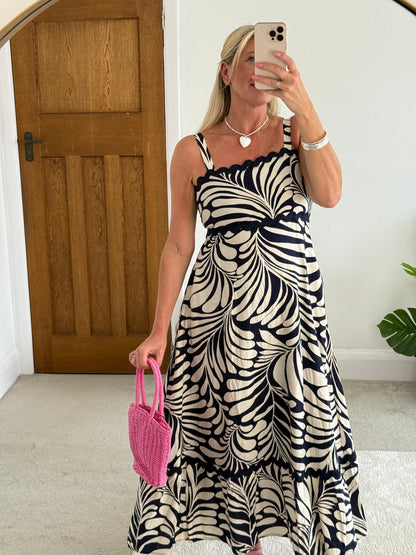 Navy Printed Scallop Detail Dress