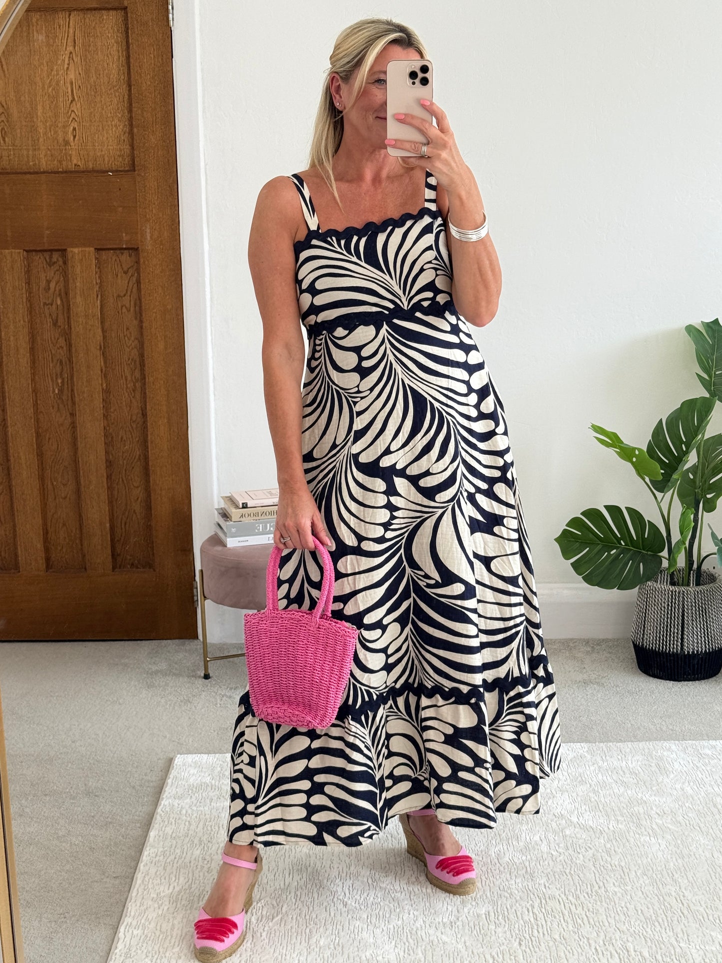 Navy Printed Scallop Detail Dress