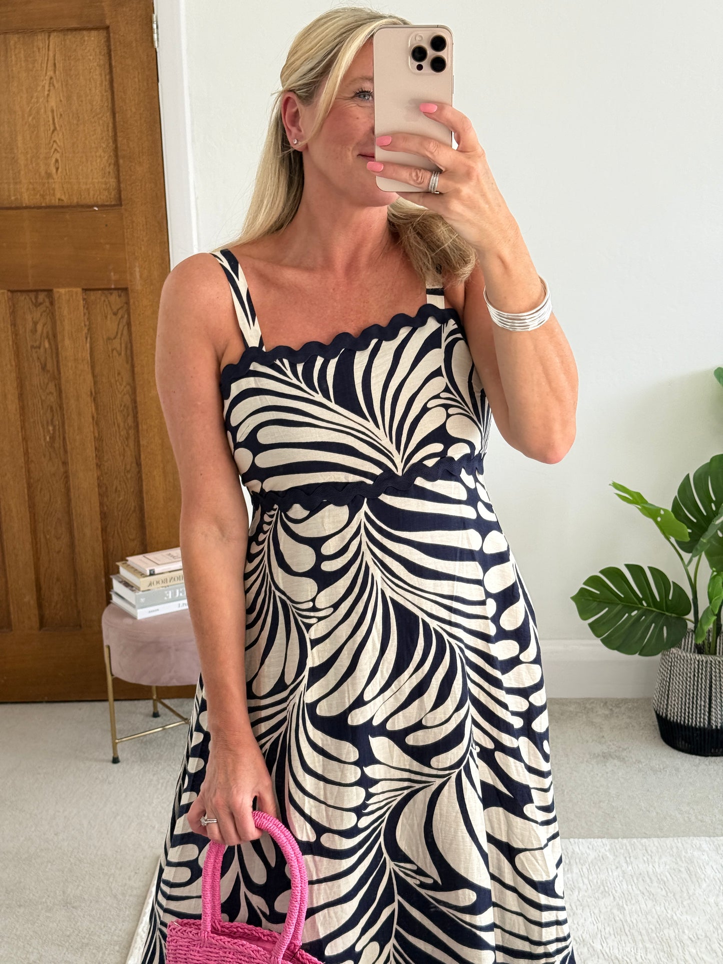 Navy Printed Scallop Detail Dress