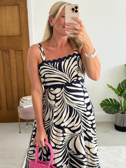 Navy Printed Scallop Detail Dress