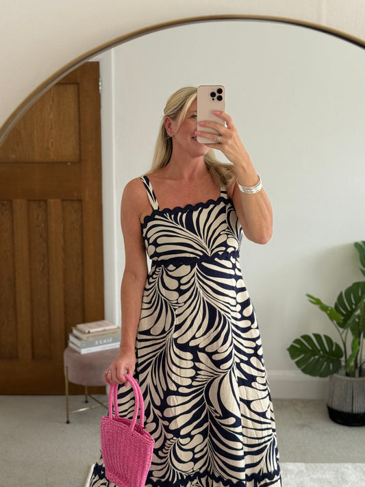 Navy Printed Scallop Detail Dress