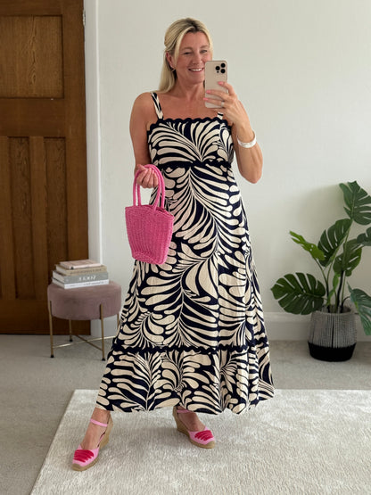 Navy Printed Scallop Detail Dress