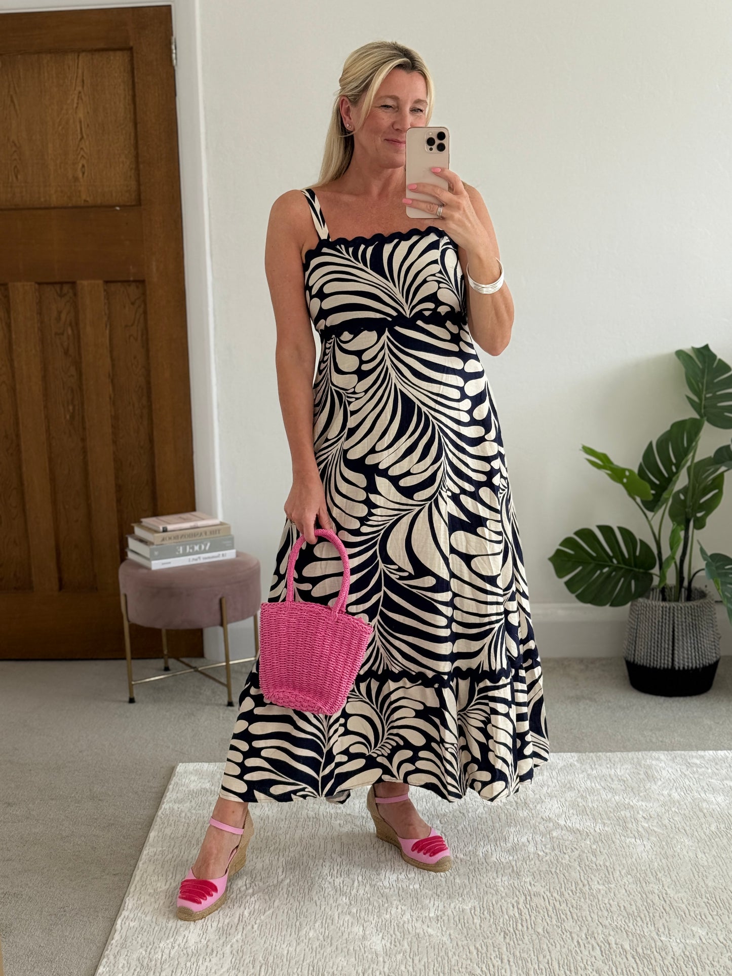 Navy Printed Scallop Detail Dress