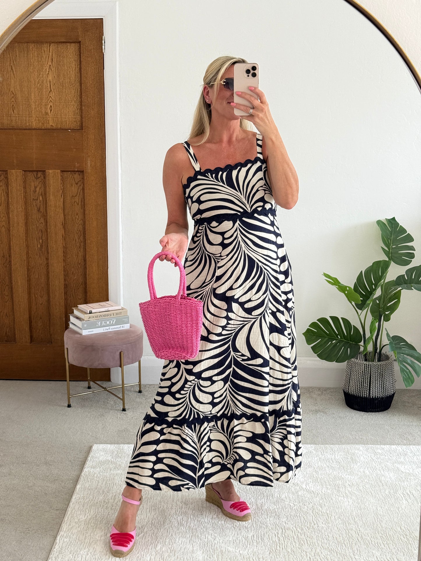 Navy Printed Scallop Detail Dress
