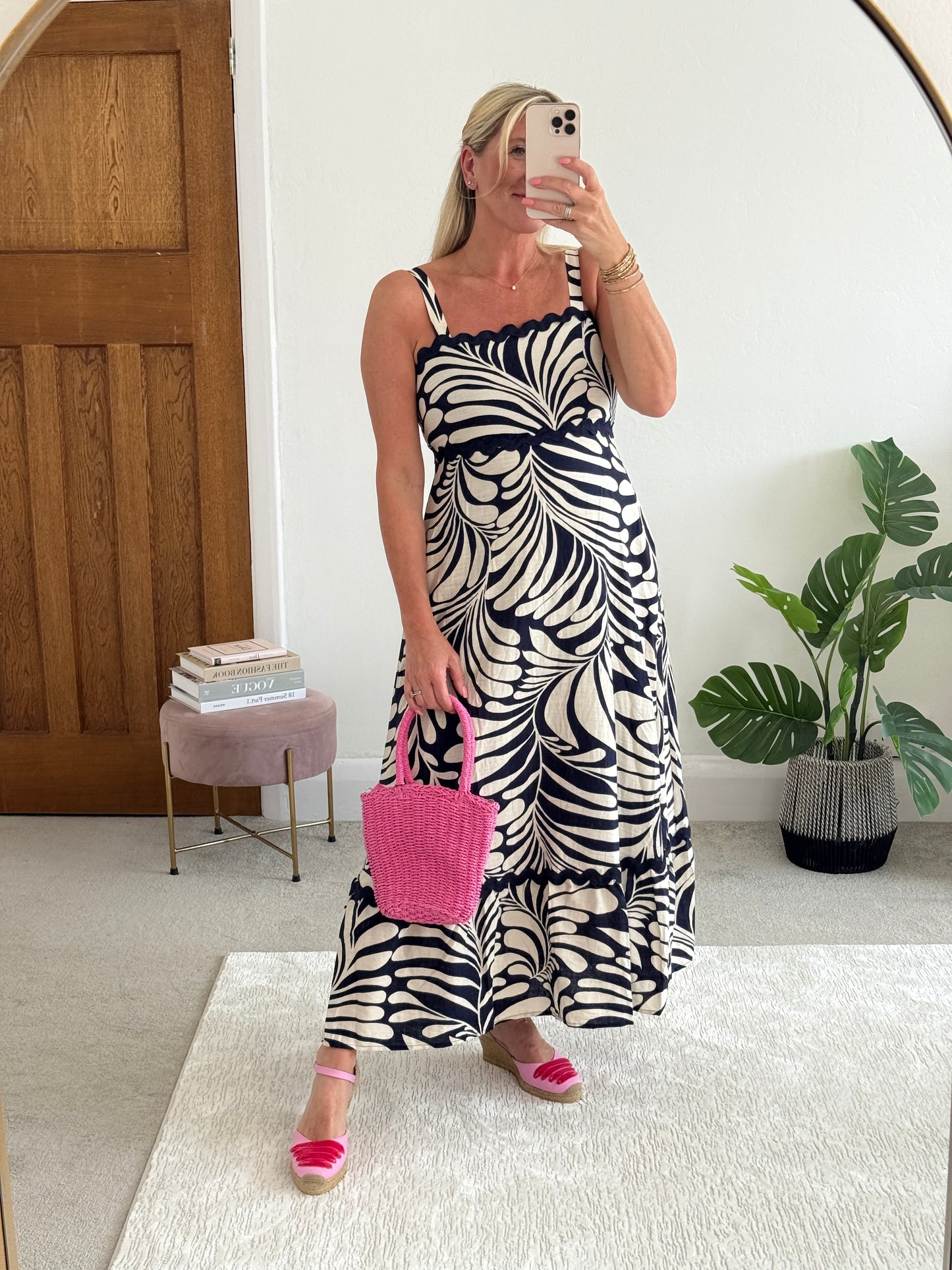 Navy Printed Scallop Detail Dress