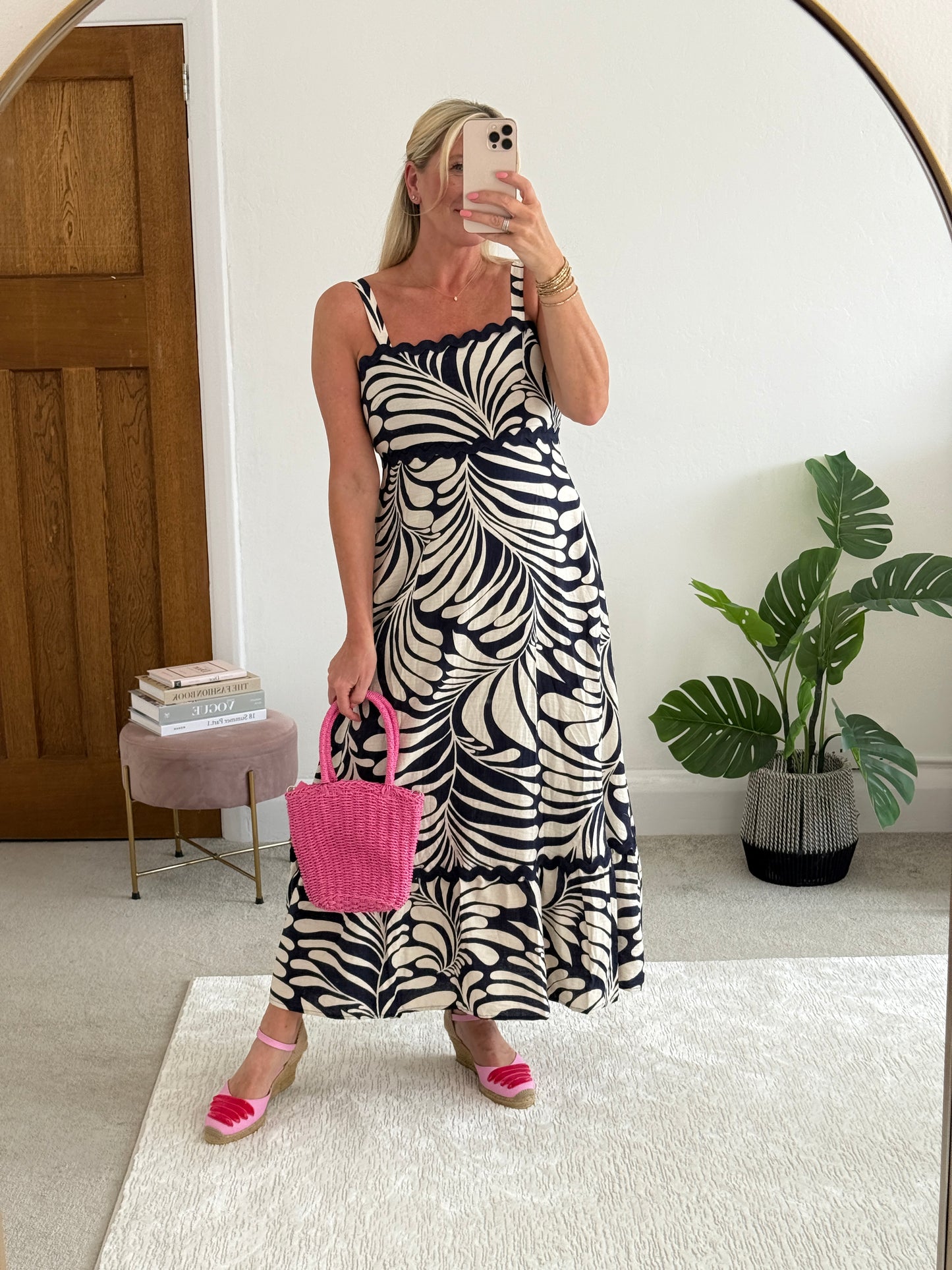 Navy Printed Scallop Detail Dress