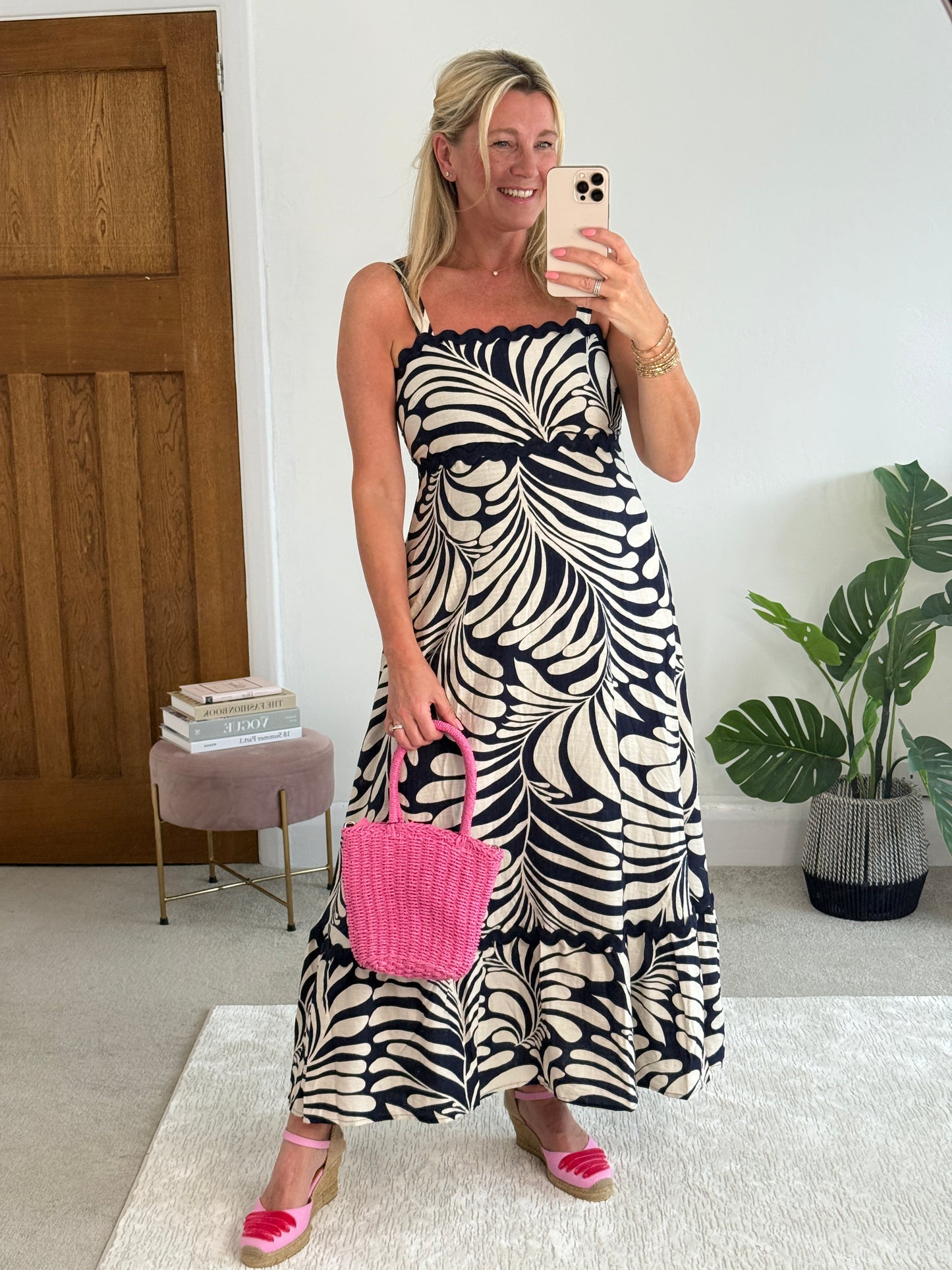 Navy Printed Scallop Detail Dress
