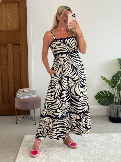 Navy Printed Scallop Detail Dress