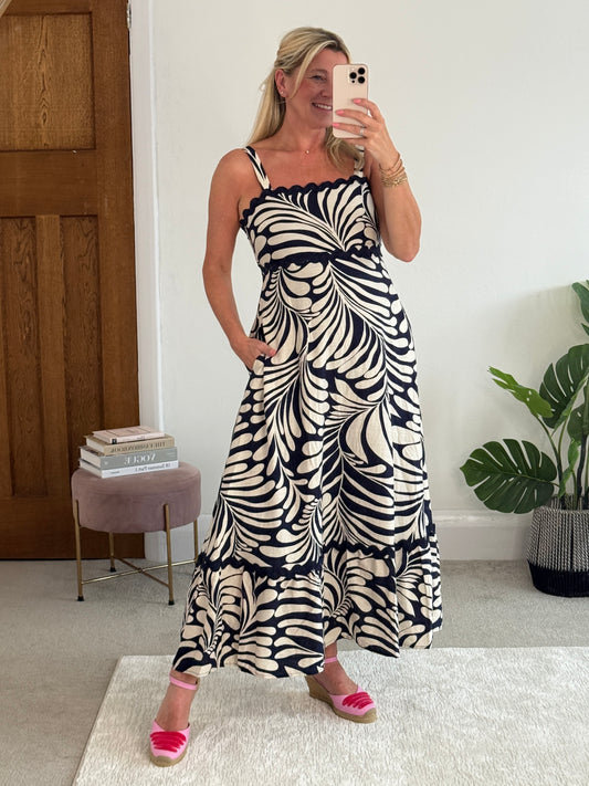 Navy Printed Scallop Detail Dress