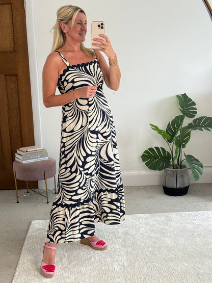 Navy Printed Scallop Detail Dress