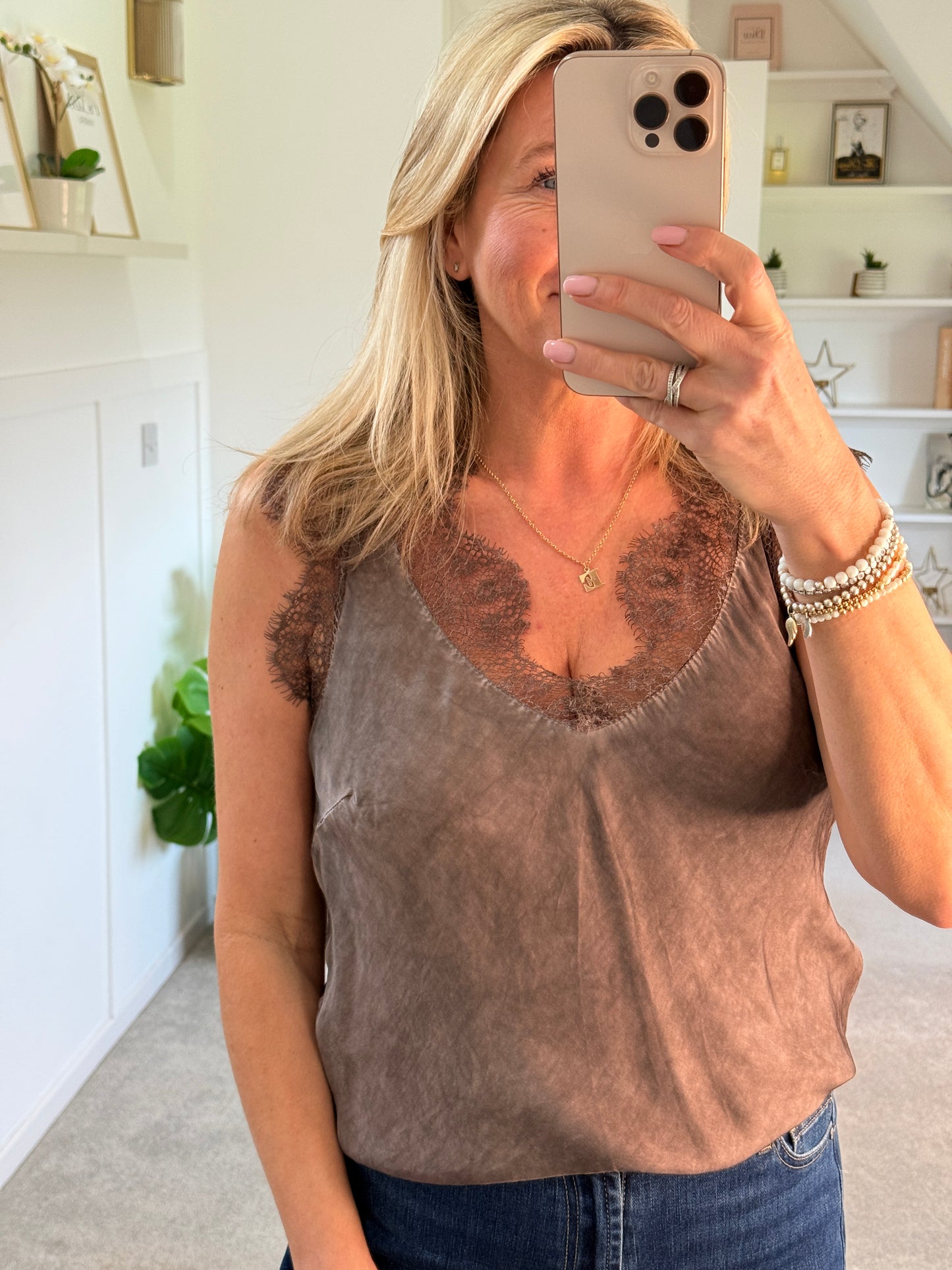 Chocolate Satin/Lace V Neck Top