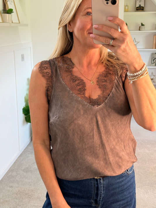 Chocolate Satin/Lace V Neck Top