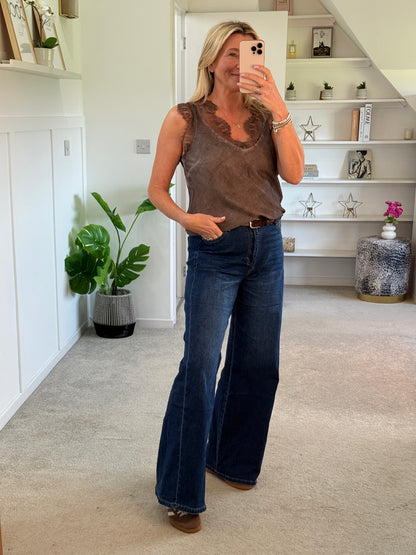 Chocolate Satin/Lace V Neck Top