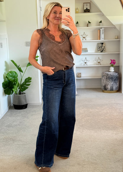 Chocolate Satin/Lace V Neck Top