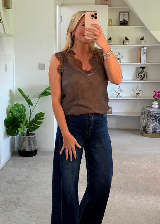 Chocolate Satin/Lace V Neck Top
