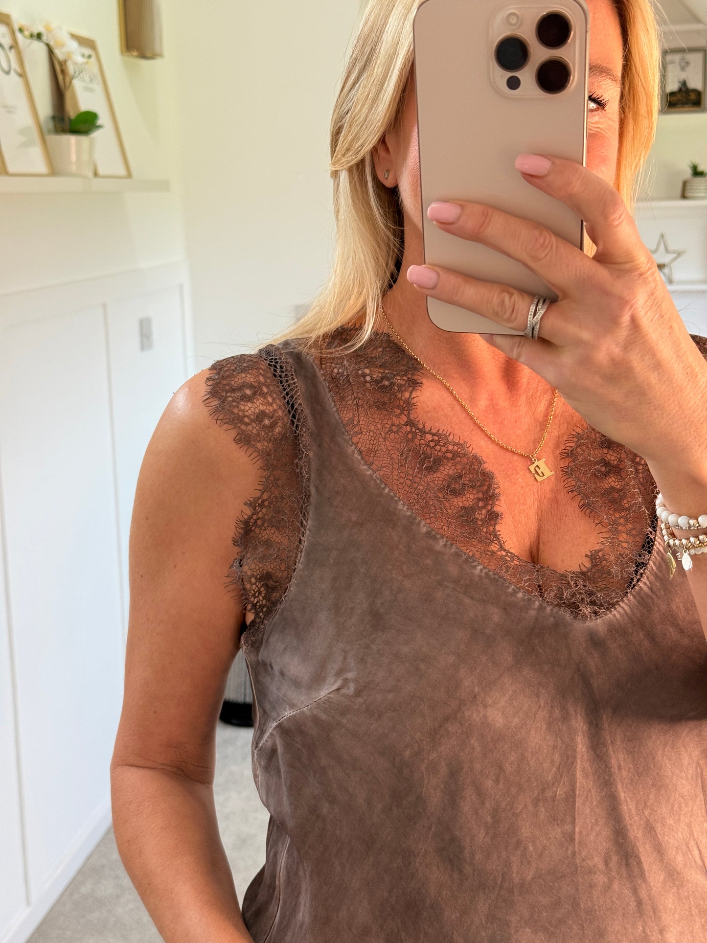 Chocolate Satin/Lace V Neck Top