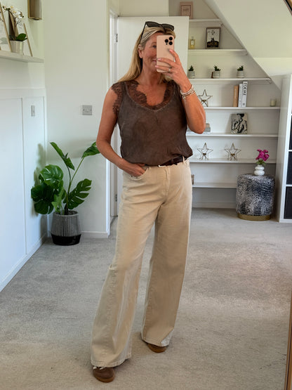 Beige Wide Panel Leg Jeans
