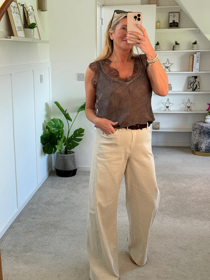 Beige Wide Panel Leg Jeans