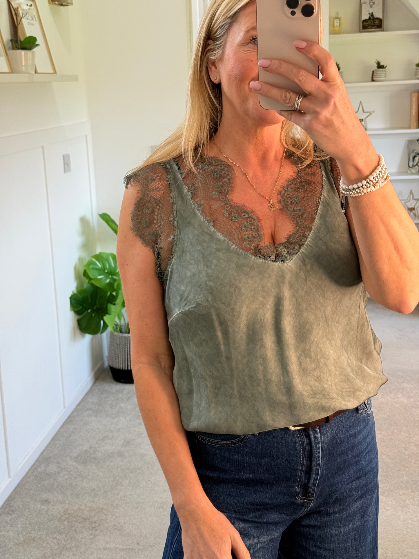 Khaki Satin/Lace V Neck Top