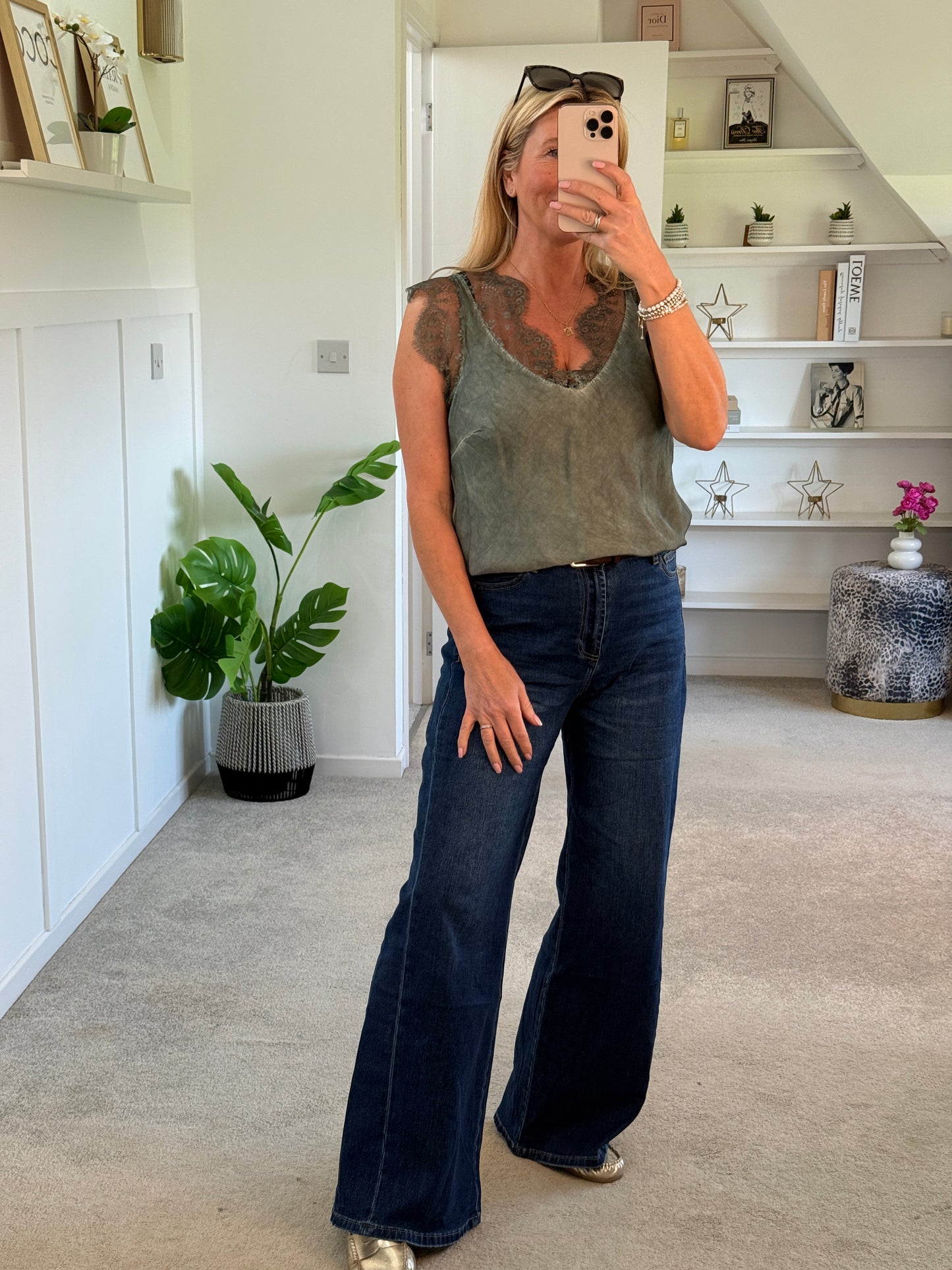 Khaki Satin/Lace V Neck Top