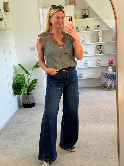 Khaki Satin/Lace V Neck Top