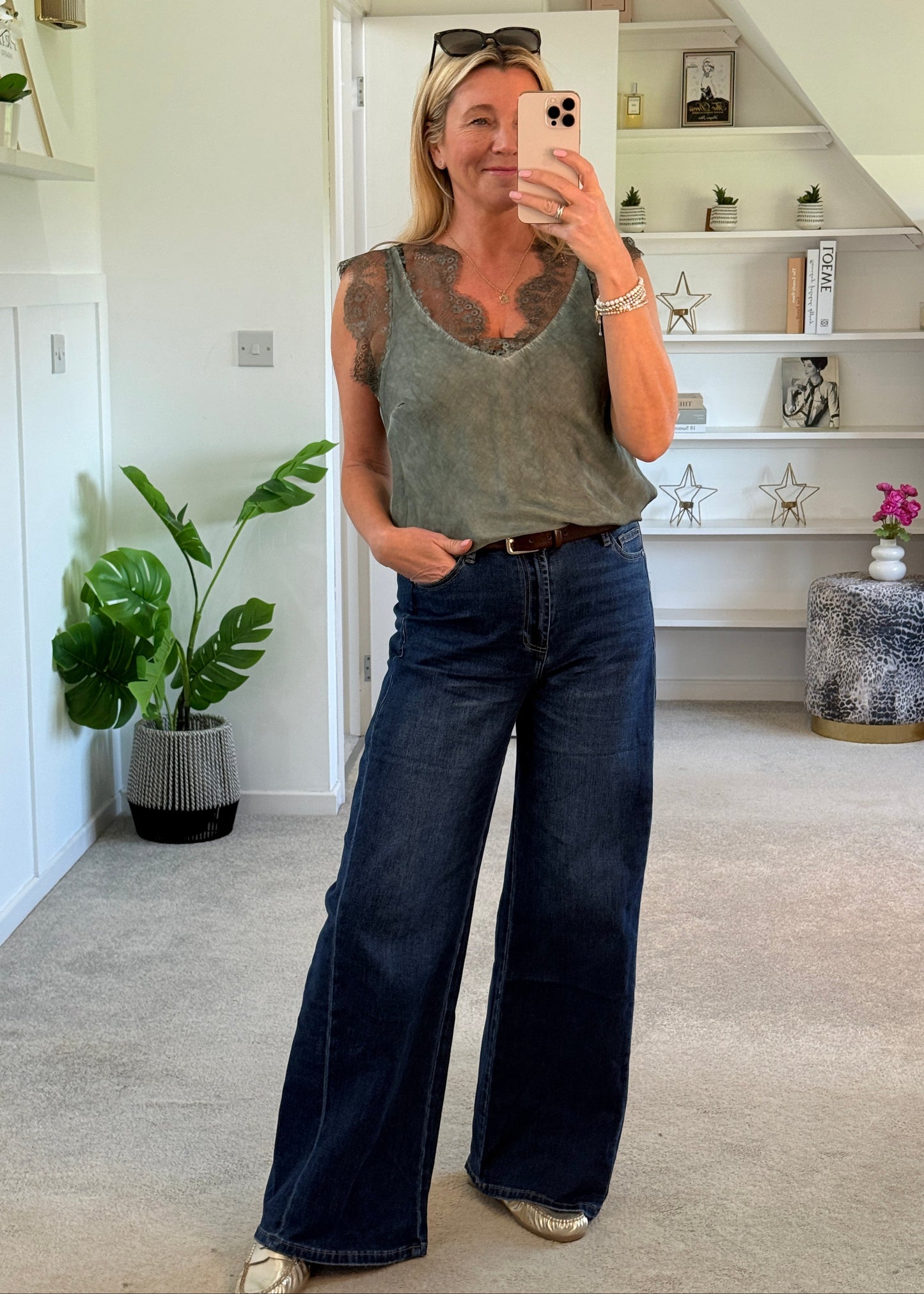 Khaki Satin/Lace V Neck Top