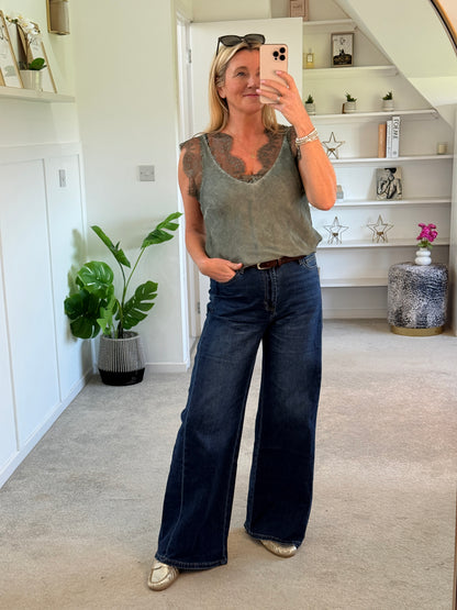 Khaki Satin/Lace V Neck Top
