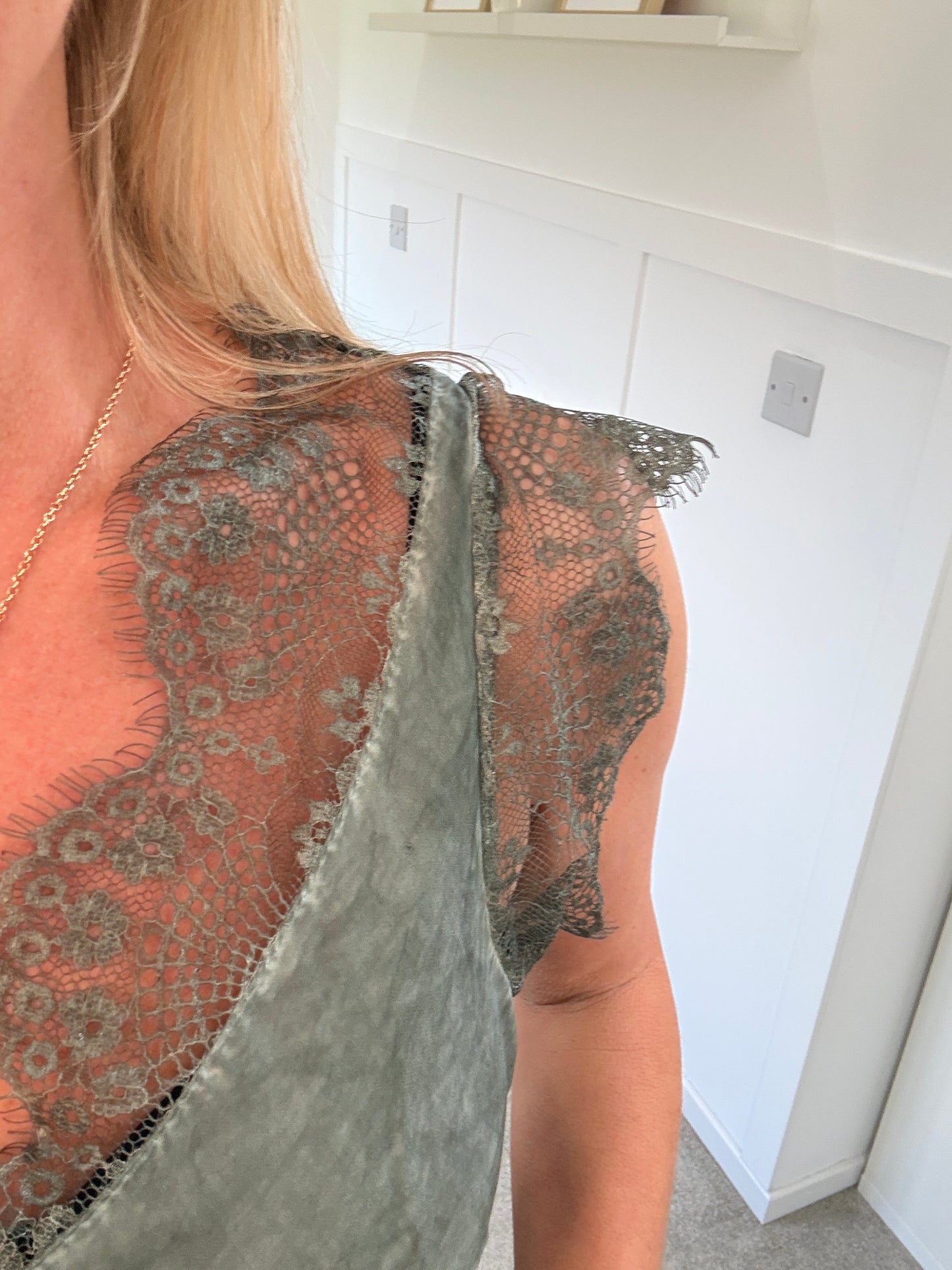 Khaki Satin/Lace V Neck Top