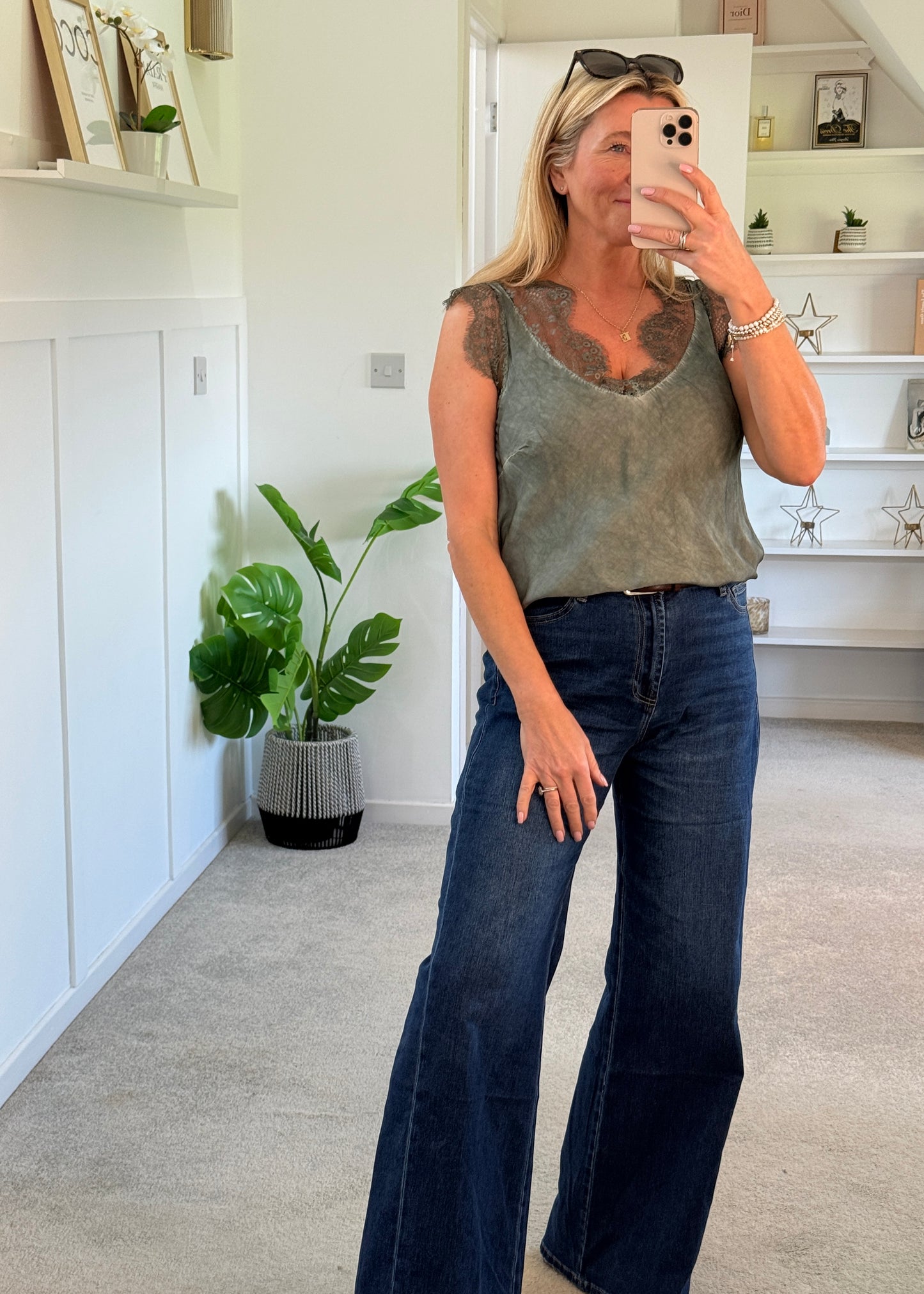 Khaki Satin/Lace V Neck Top